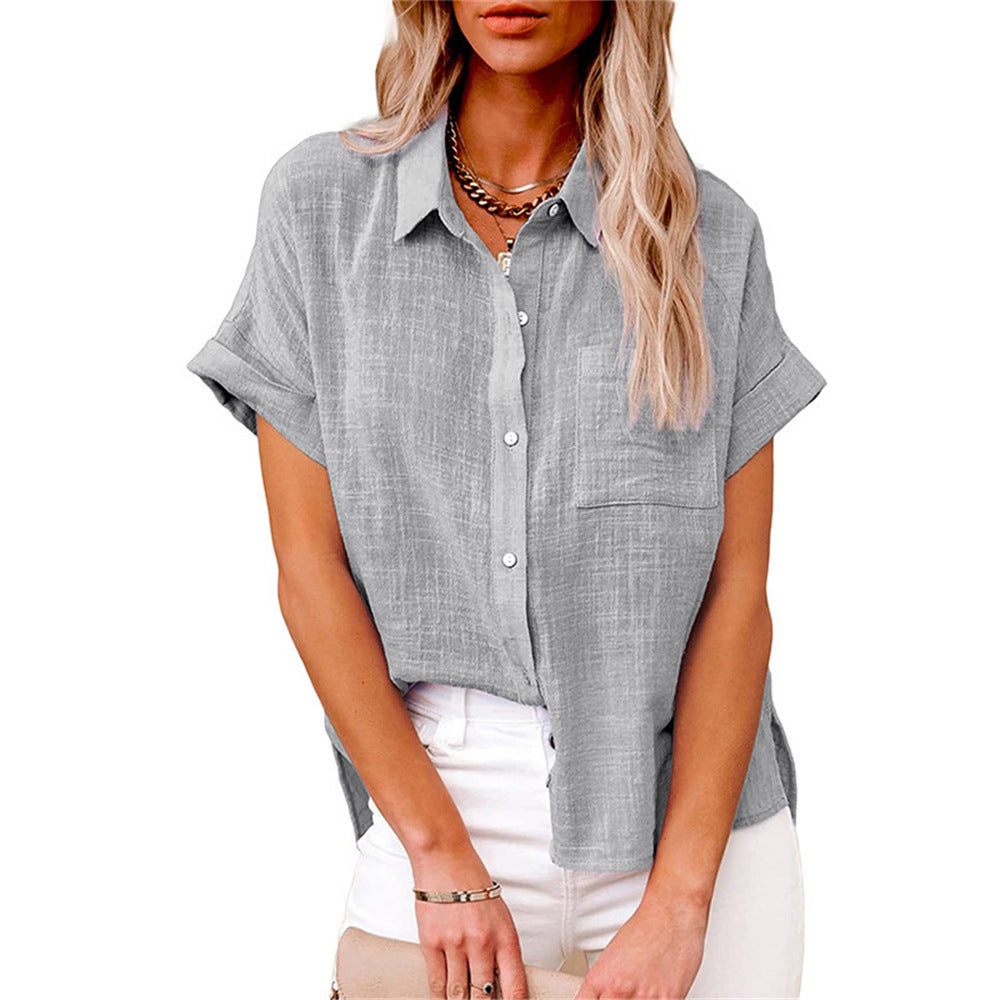 Women's Blouse | Short Sleeve Button-Down with Collar & Chest Pocket