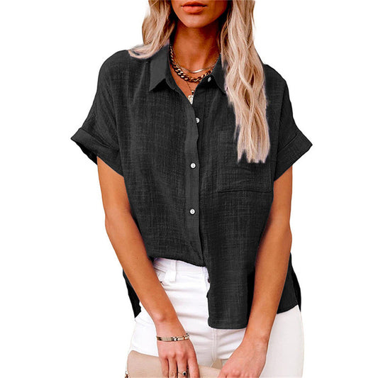 Women's Blouse | Short Sleeve Button-Down with Collar & Chest Pocket