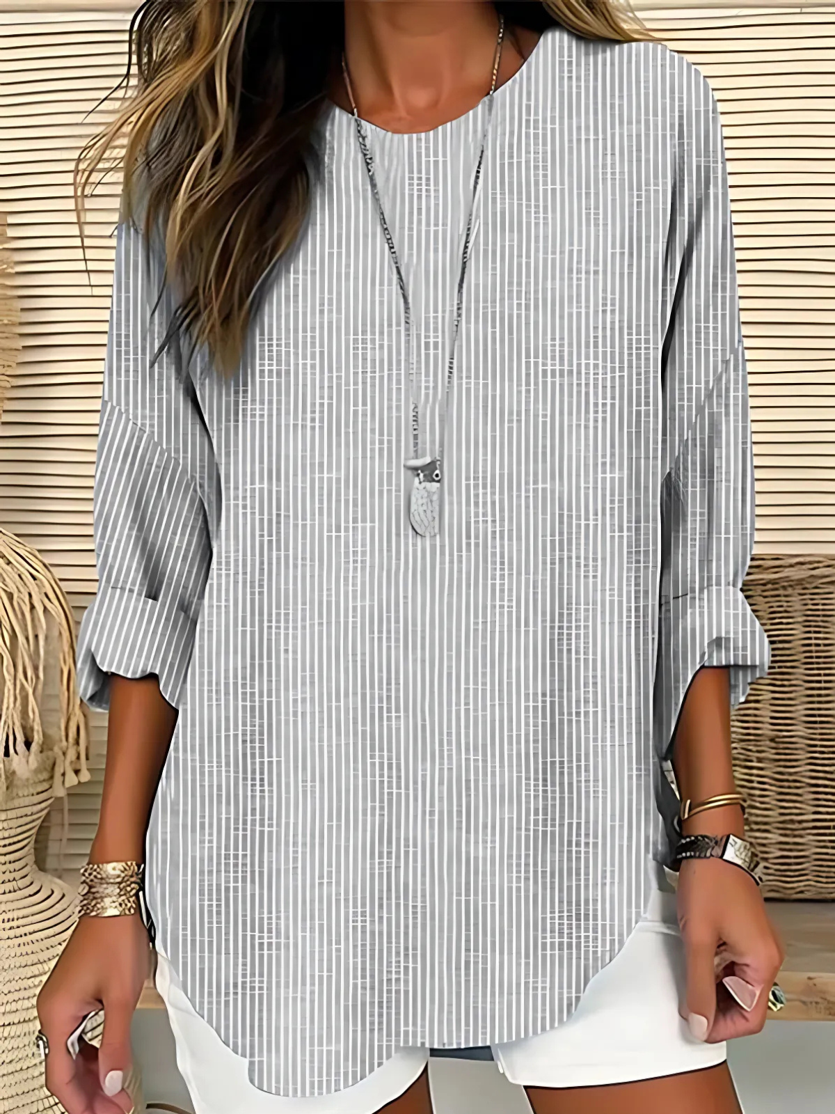 Women's Blouse | Striped Long Sleeve with Round Neck