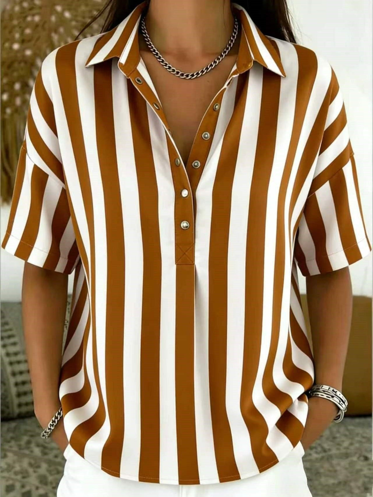 Women's Blouse | Vertical Stripe Half-Button