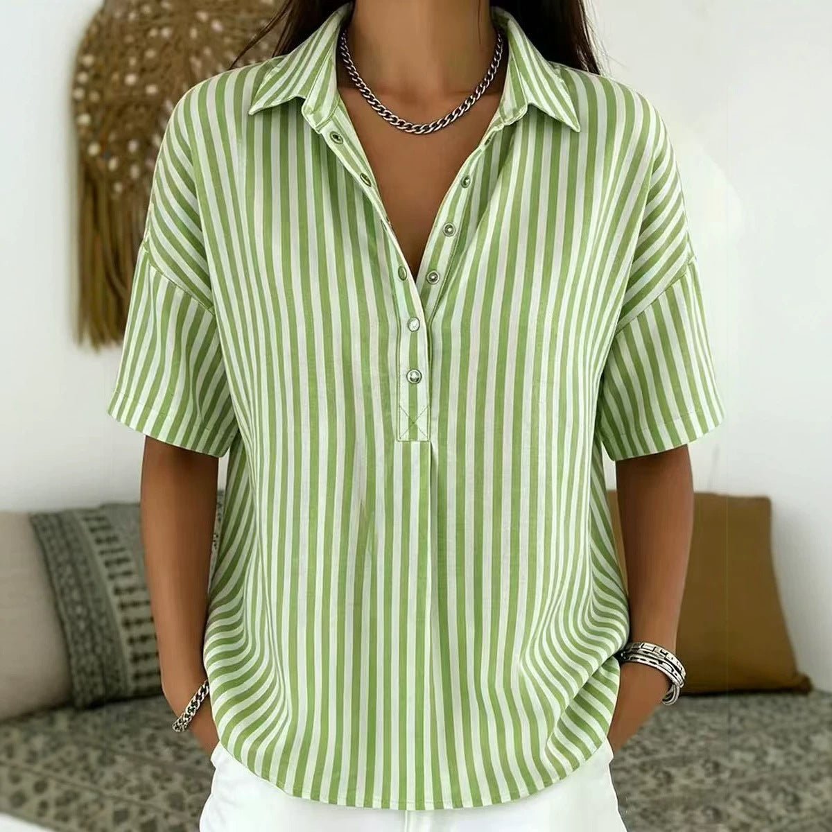 Women's Blouse | Vertical Stripe Half-Button