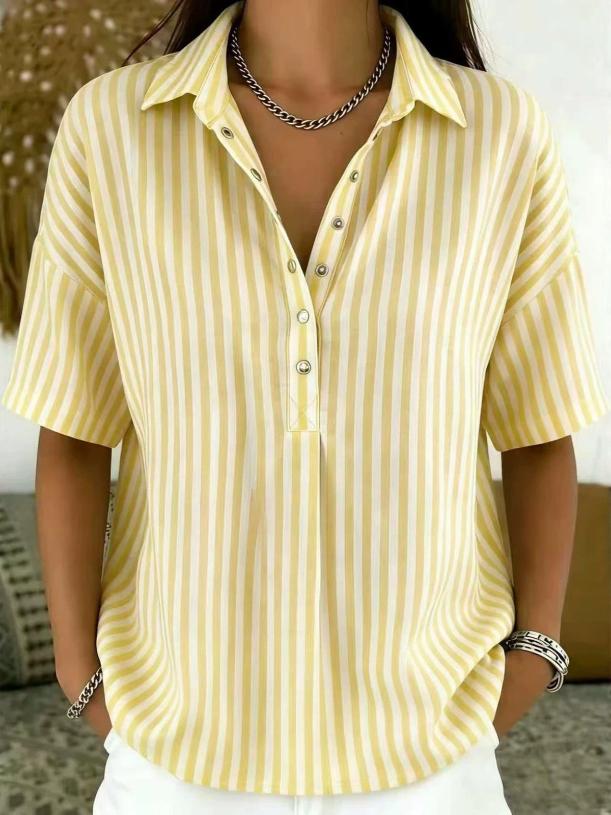 Women's Blouse | Vertical Stripe Half-Button