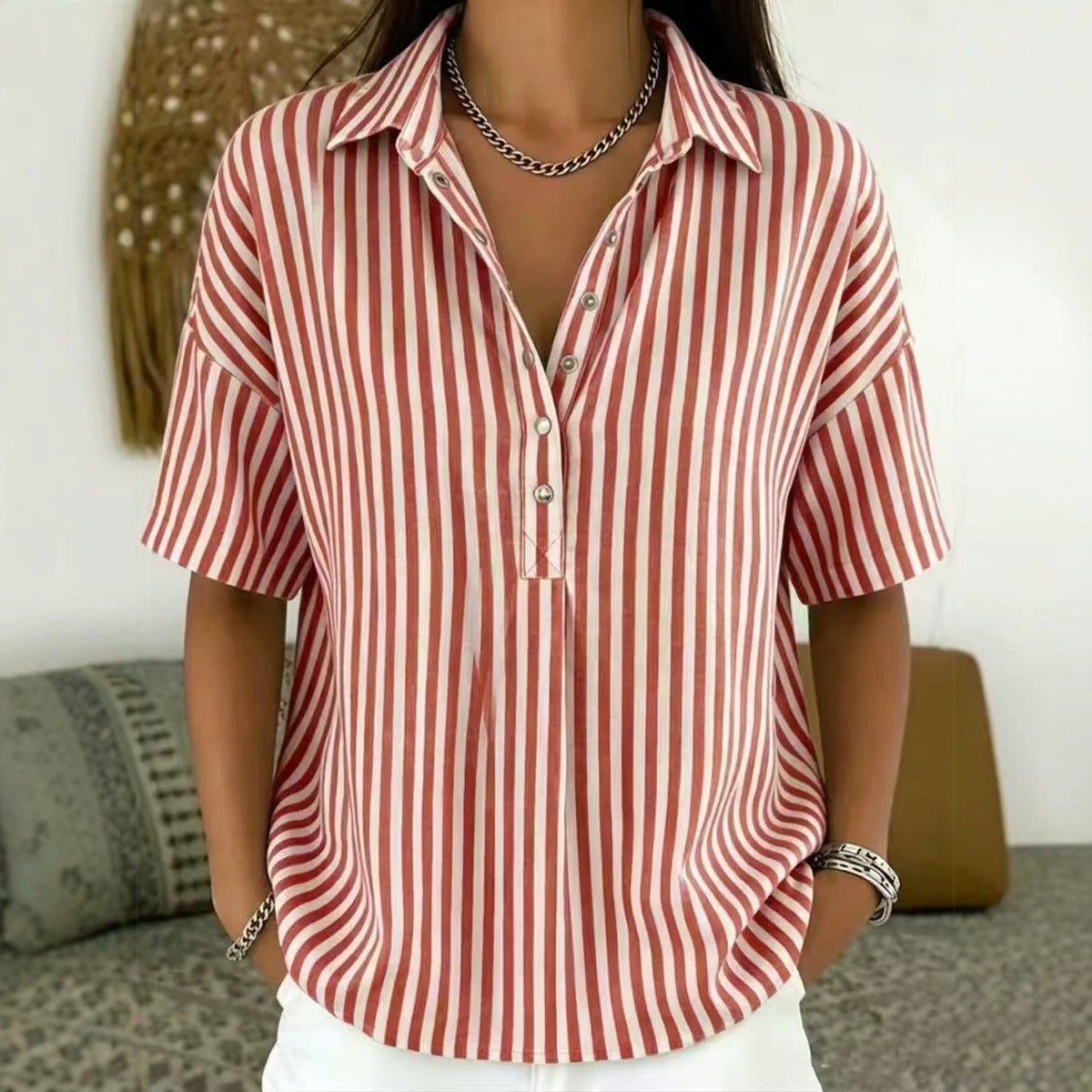 Women's Blouse | Vertical Stripe Half-Button