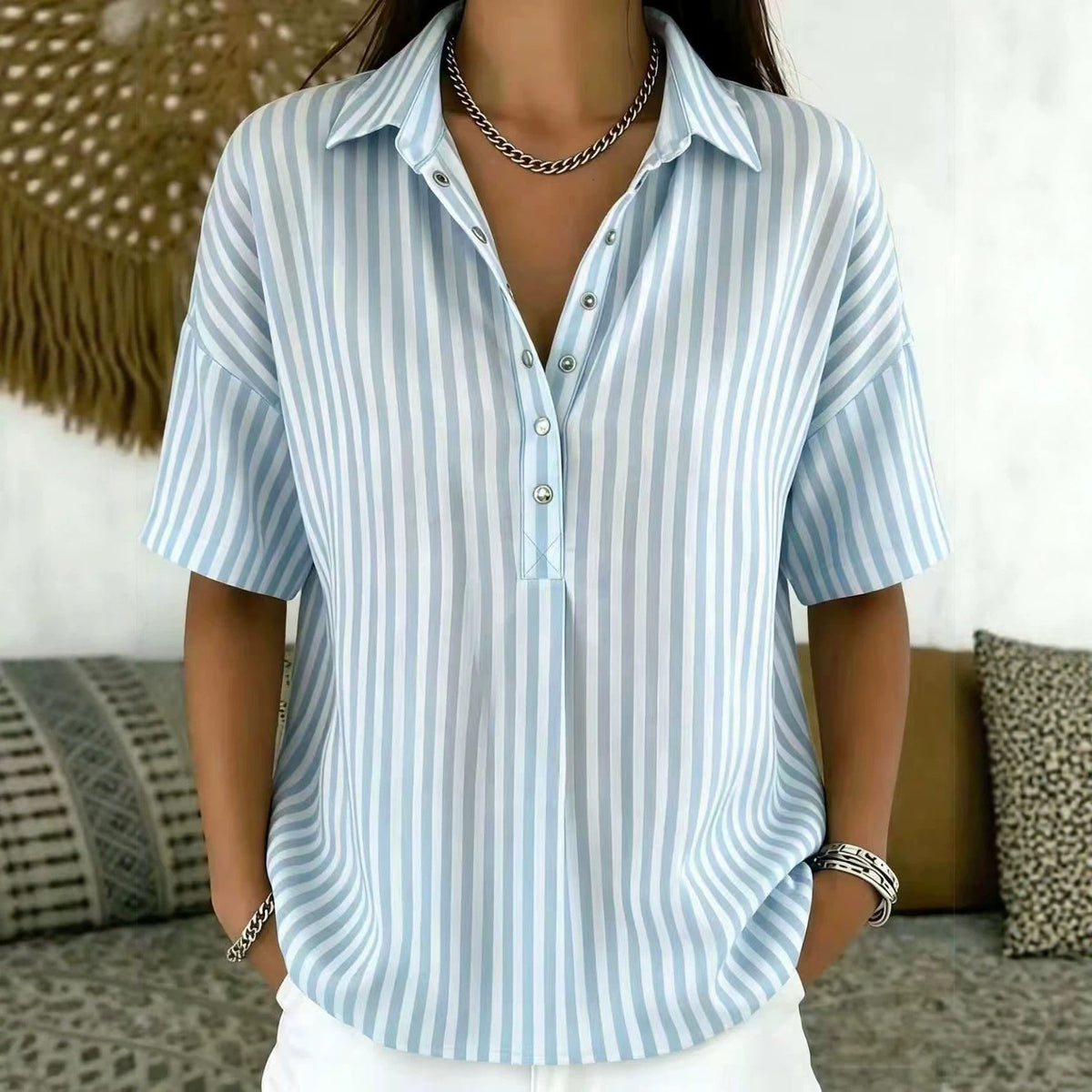Women's Blouse | Vertical Stripe Half-Button