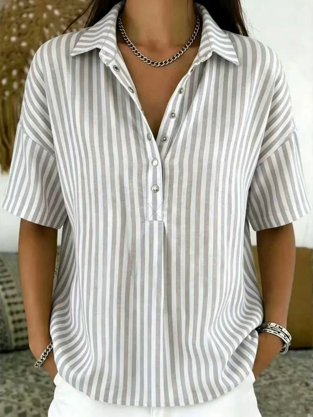 Women's Blouse | Vertical Stripe Half-Button