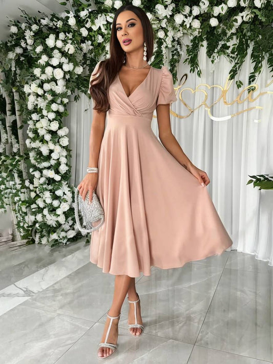 Women's Bridesmaid Midi Dress | Elegant V-Neck & Flowy Fit