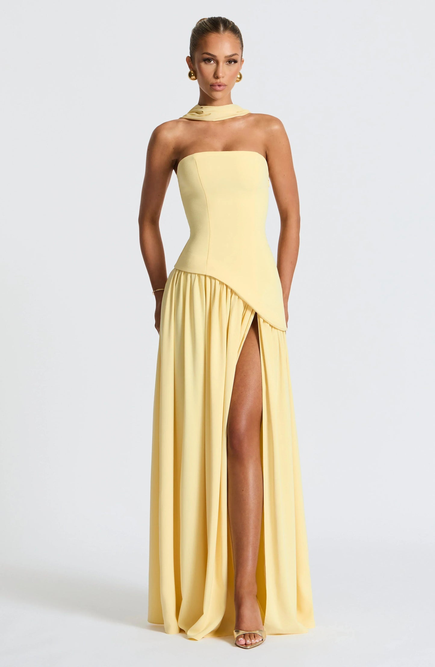 Women's Bustier Maxi Dress | Corset Fit & Scarf Detail with High Leg Slit