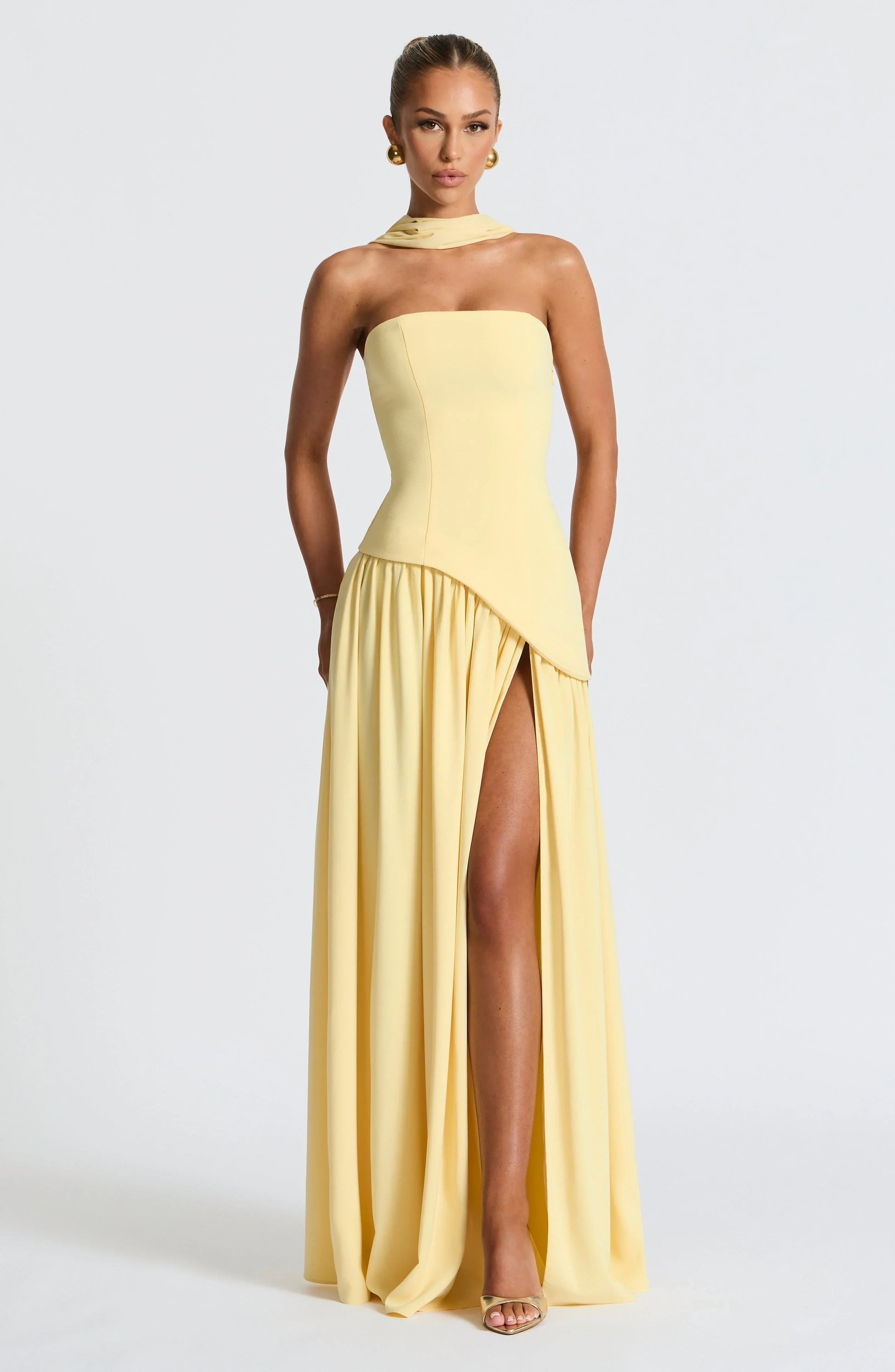 Women's Bustier Maxi Dress | Corset Fit & Scarf Detail with High Leg Slit