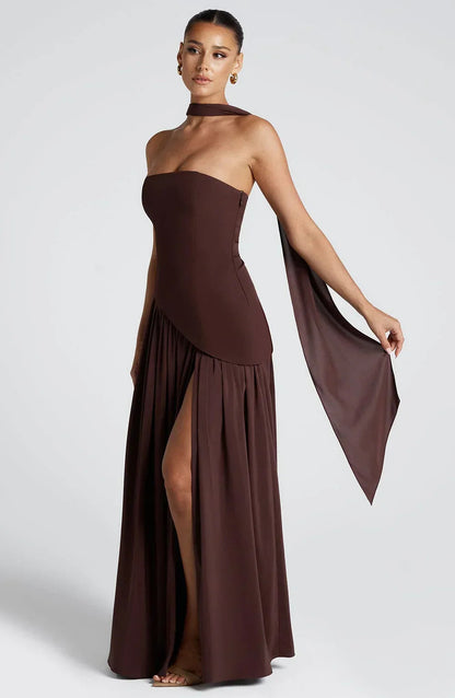 Women's Bustier Maxi Dress | Corset Fit & Scarf Detail with High Leg Slit