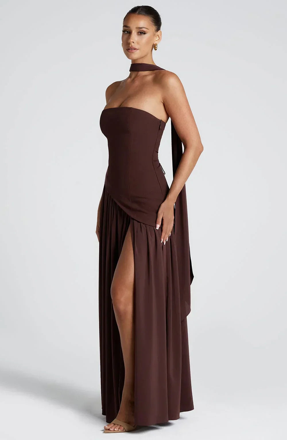 Women's Bustier Maxi Dress | Corset Fit & Scarf Detail with High Leg Slit