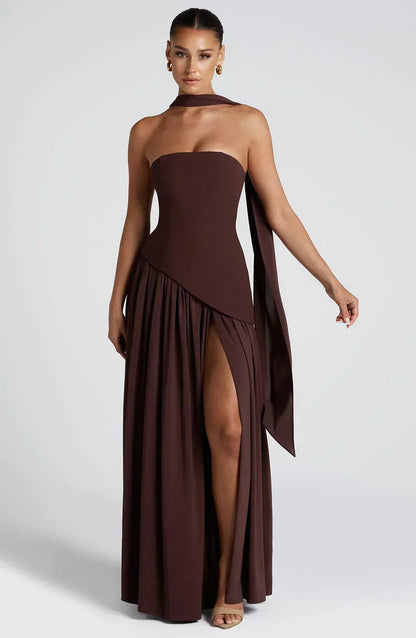 Women's Bustier Maxi Dress | Corset Fit & Scarf Detail with High Leg Slit