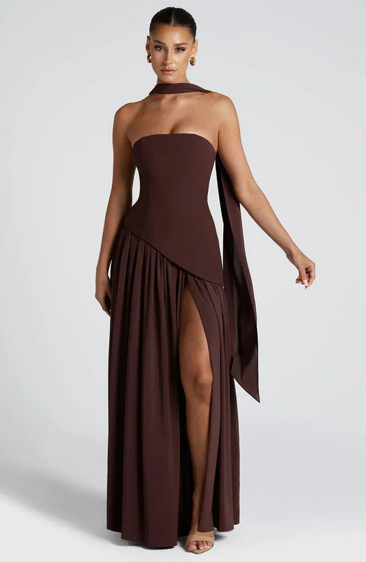 Women's Bustier Maxi Dress | Corset Fit & Scarf Detail with High Leg Slit