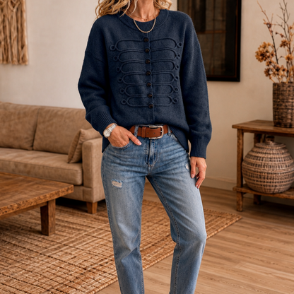 Women's Button-Front Knit Sweater | Braided Cord Detail