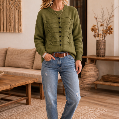 Women's Button-Front Knit Sweater | Braided Cord Detail