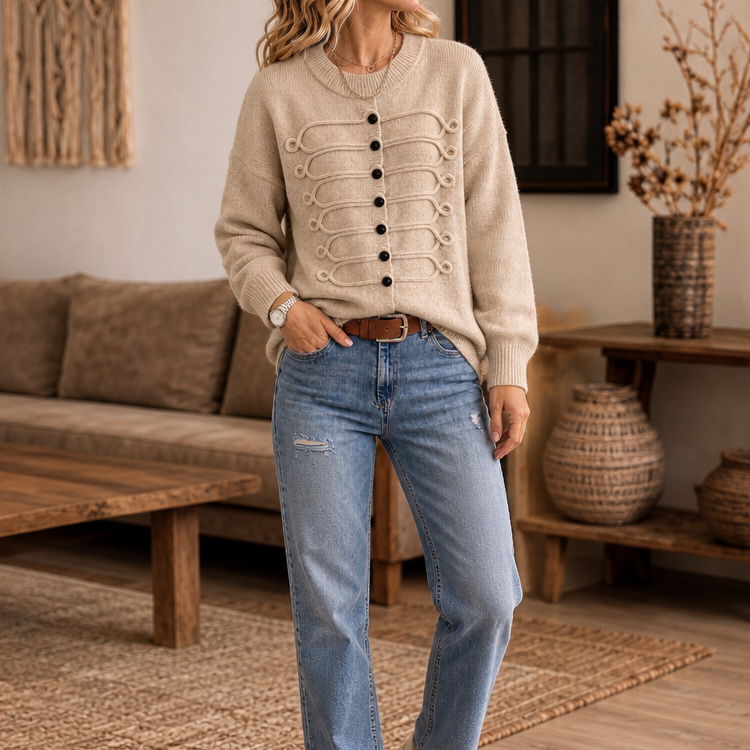 Women's Button-Front Knit Sweater | Braided Cord Detail