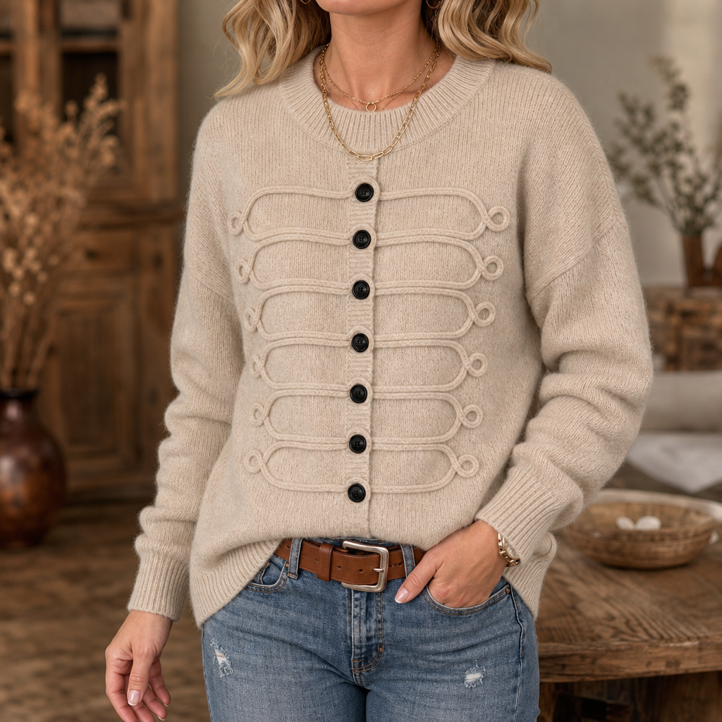 Women's Button-Front Knit Sweater | Braided Cord Detail