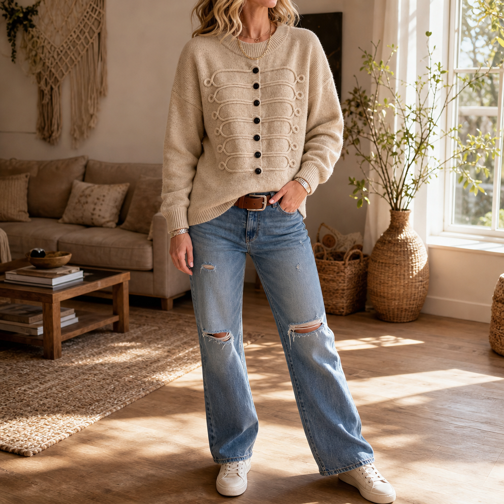 Women's Button-Front Knit Sweater | Braided Cord Detail