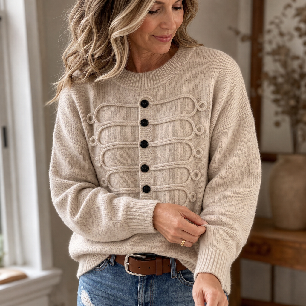 Women's Button-Front Knit Sweater | Braided Cord Detail