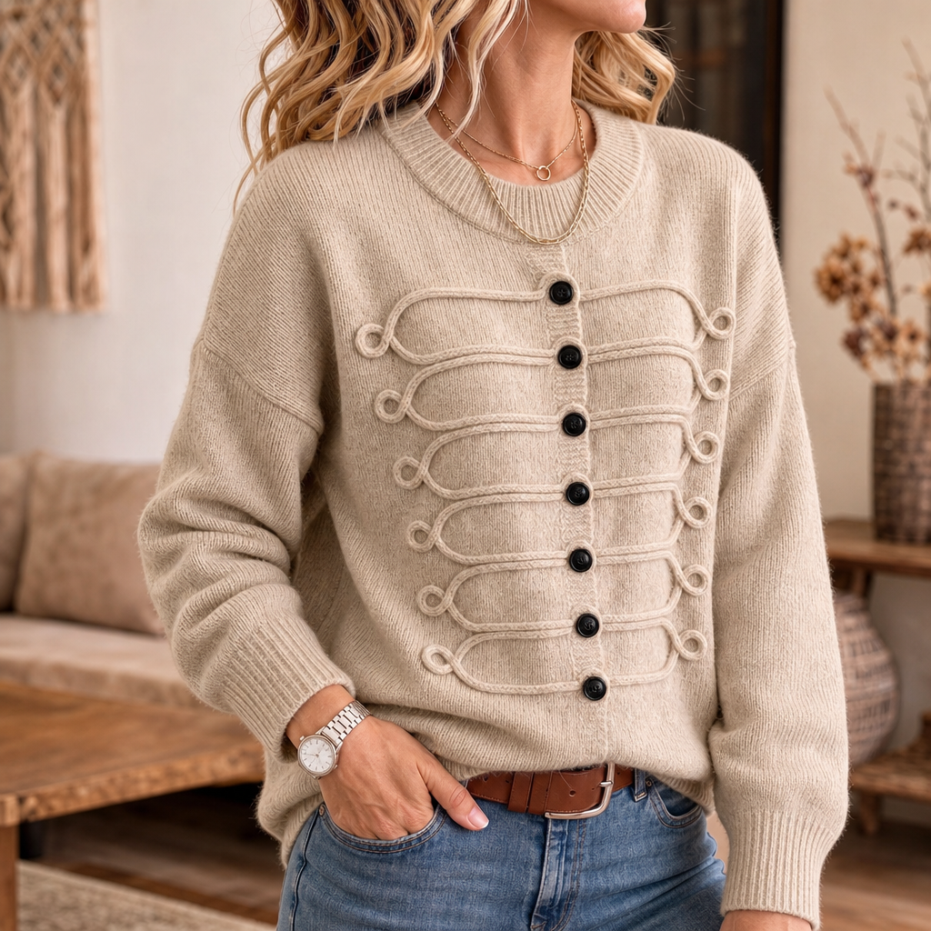 Women's Button-Front Knit Sweater | Braided Cord Detail