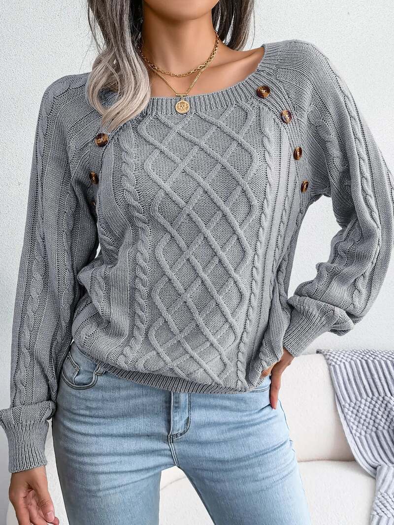 Women's Cable Knit Sweater Square Neck Button Detail