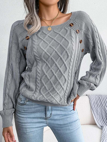 Women's Cable Knit Sweater Square Neck Button Detail