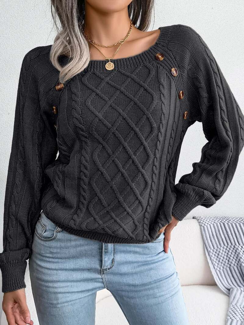 Women's Cable Knit Sweater Square Neck Button Detail