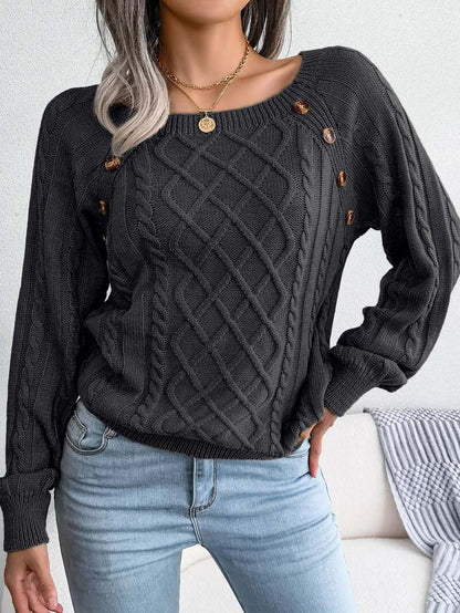 Women's Cable Knit Sweater Square Neck Button Detail