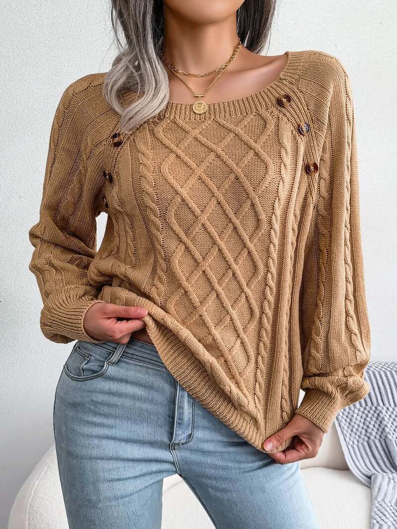 Women's Cable Knit Sweater Square Neck Button Detail