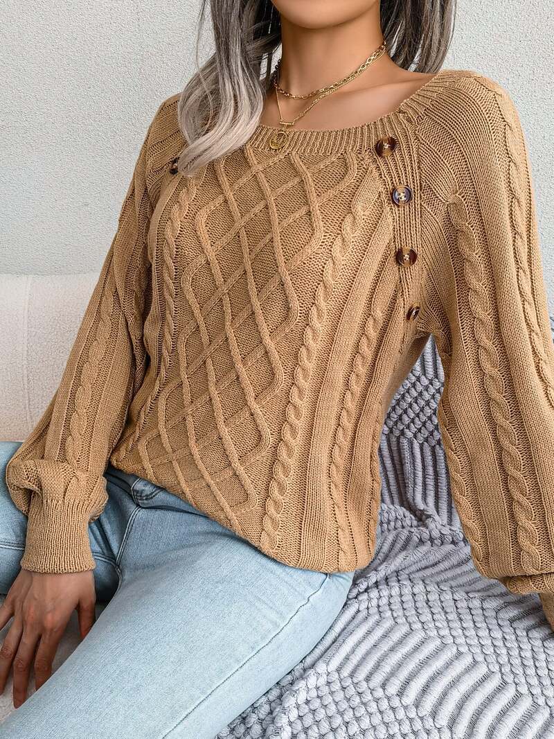 Women's Cable Knit Sweater Square Neck Button Detail