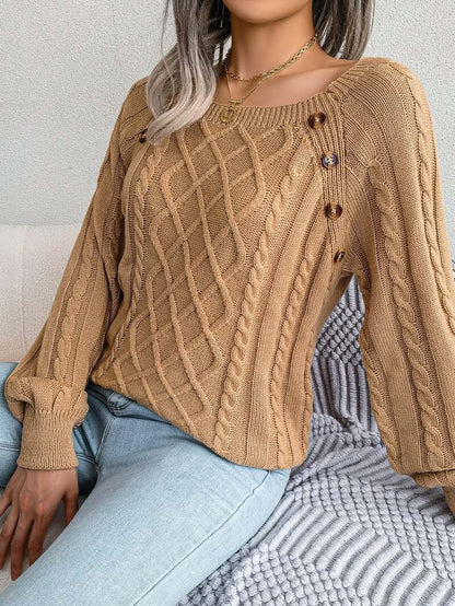 Women's Cable Knit Sweater Square Neck Button Detail