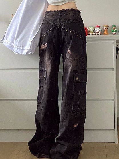 Women's Cargo Wide Leg Jeans | Distressed & Baggy Fit 2