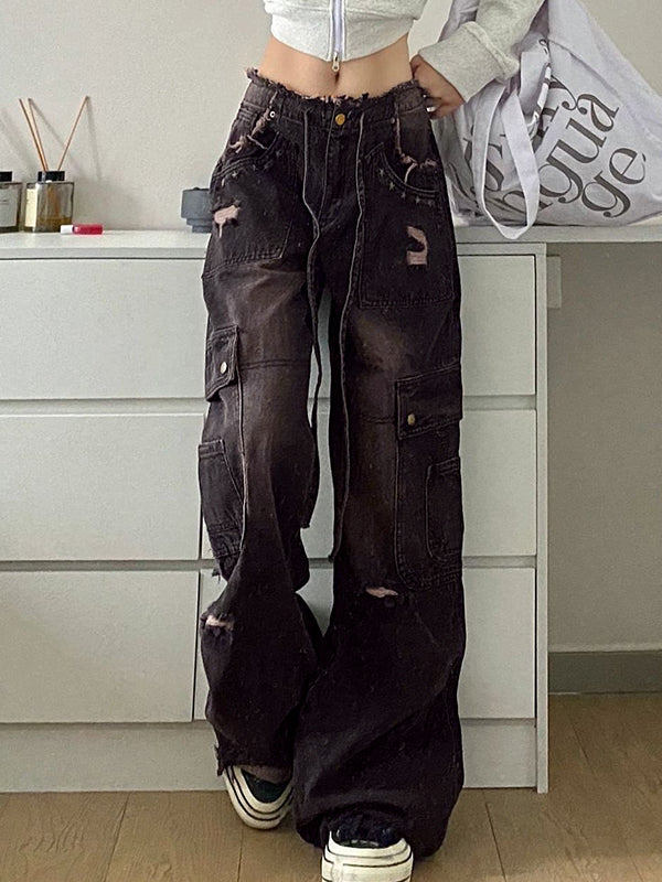 Women's Cargo Wide Leg Jeans | Distressed & Baggy Fit 1