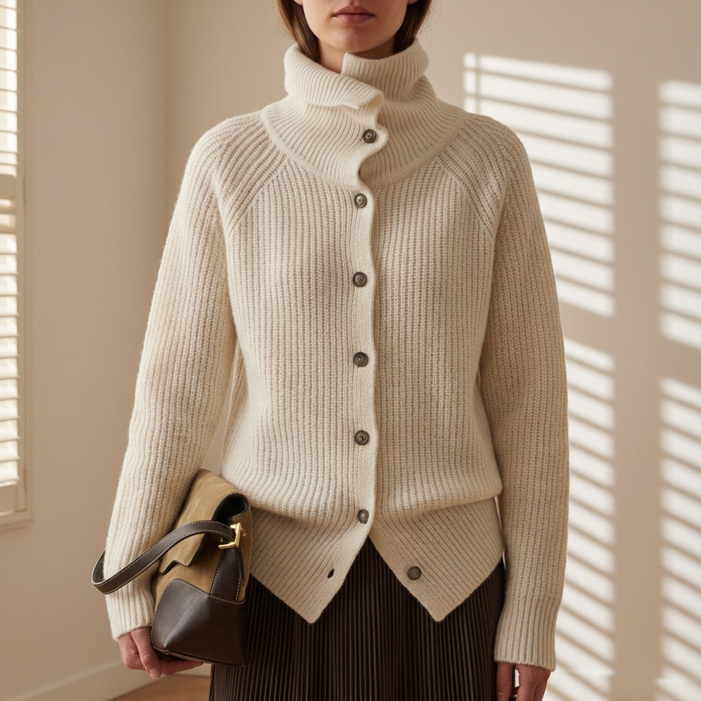 Women's Chunky Knit Cardigan Funnel Neck Button-Front