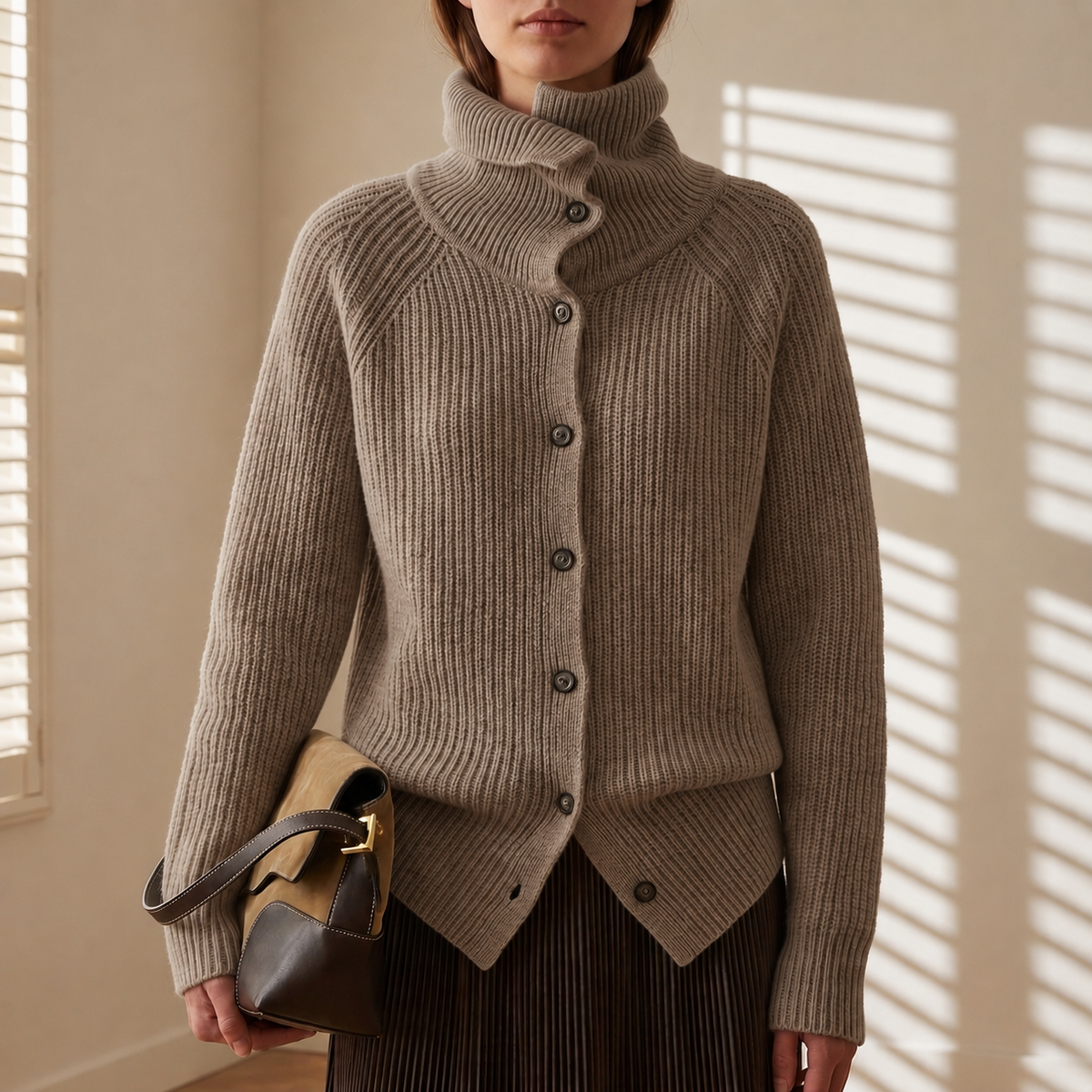 Women's Chunky Knit Cardigan Funnel Neck Button-Front