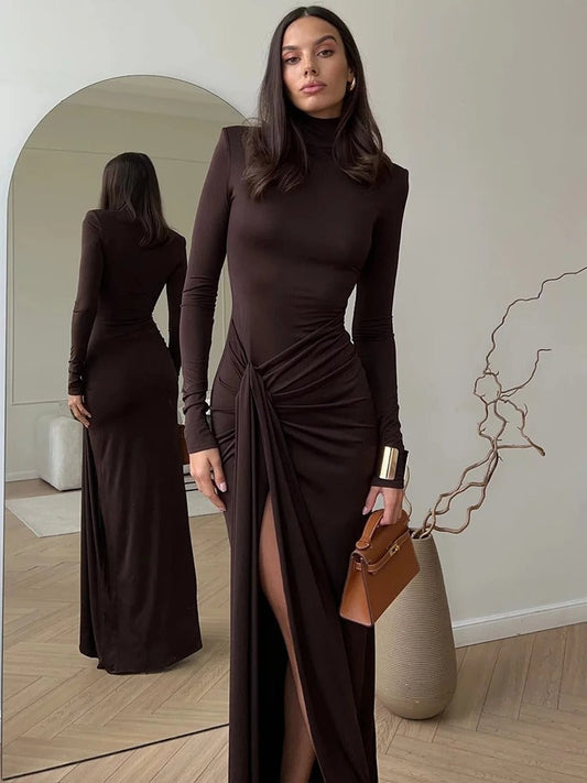 Women's Classy Maxi Dress | Ruched Detail & High Neck Long Sleeve