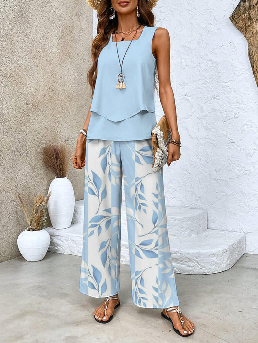 Women's Co Ord Set | Sleeveless Top & Leaf Print Wide Leg Trousers