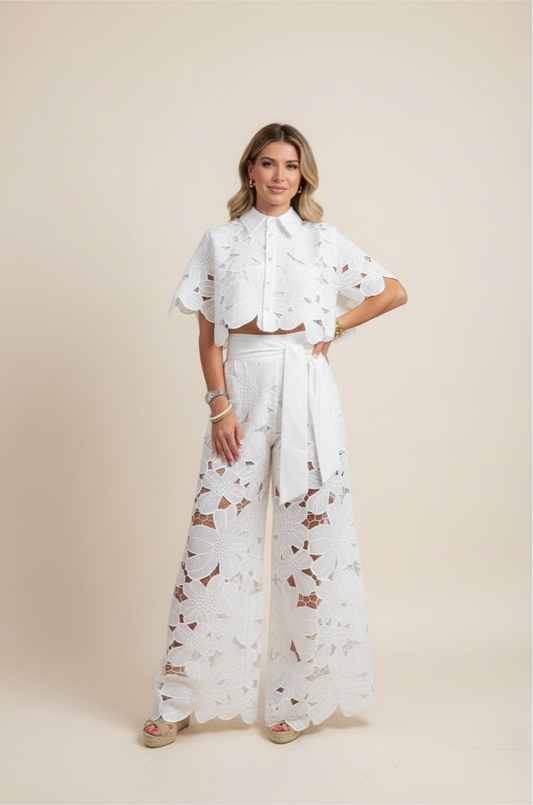 Women's Co Ord Set Summer | Floral Cutwork & Wide-Leg Two-Piece