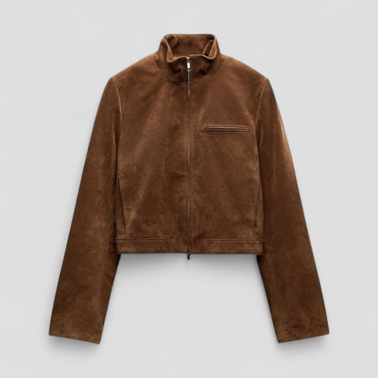 Chic Suede-Style Cropped Jacket with Zipper