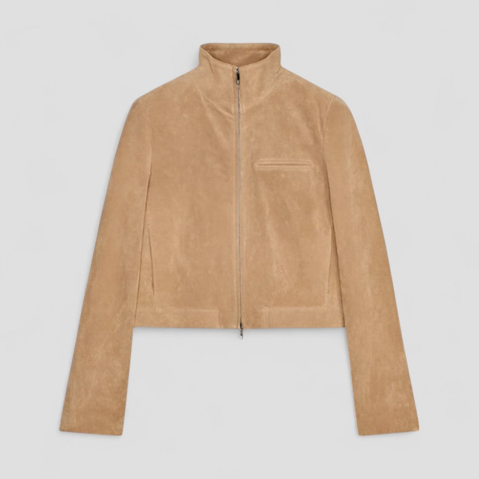 Chic Suede-Style Cropped Jacket with Zipper