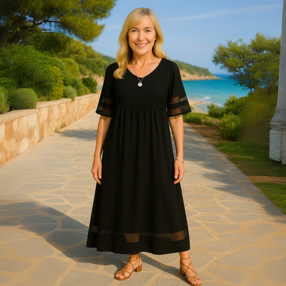 Women's Elegant Long Dress | Mesh Panel Detail & Flattering Relaxed Fit