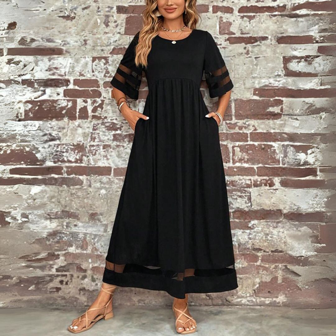 Women's Elegant Long Dress | Mesh Panel Detail & Flattering Relaxed Fit
