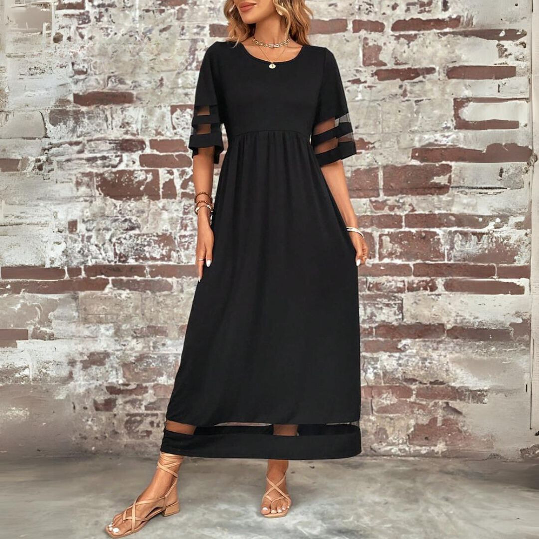 Women's Elegant Long Dress | Mesh Panel Detail & Flattering Relaxed Fit