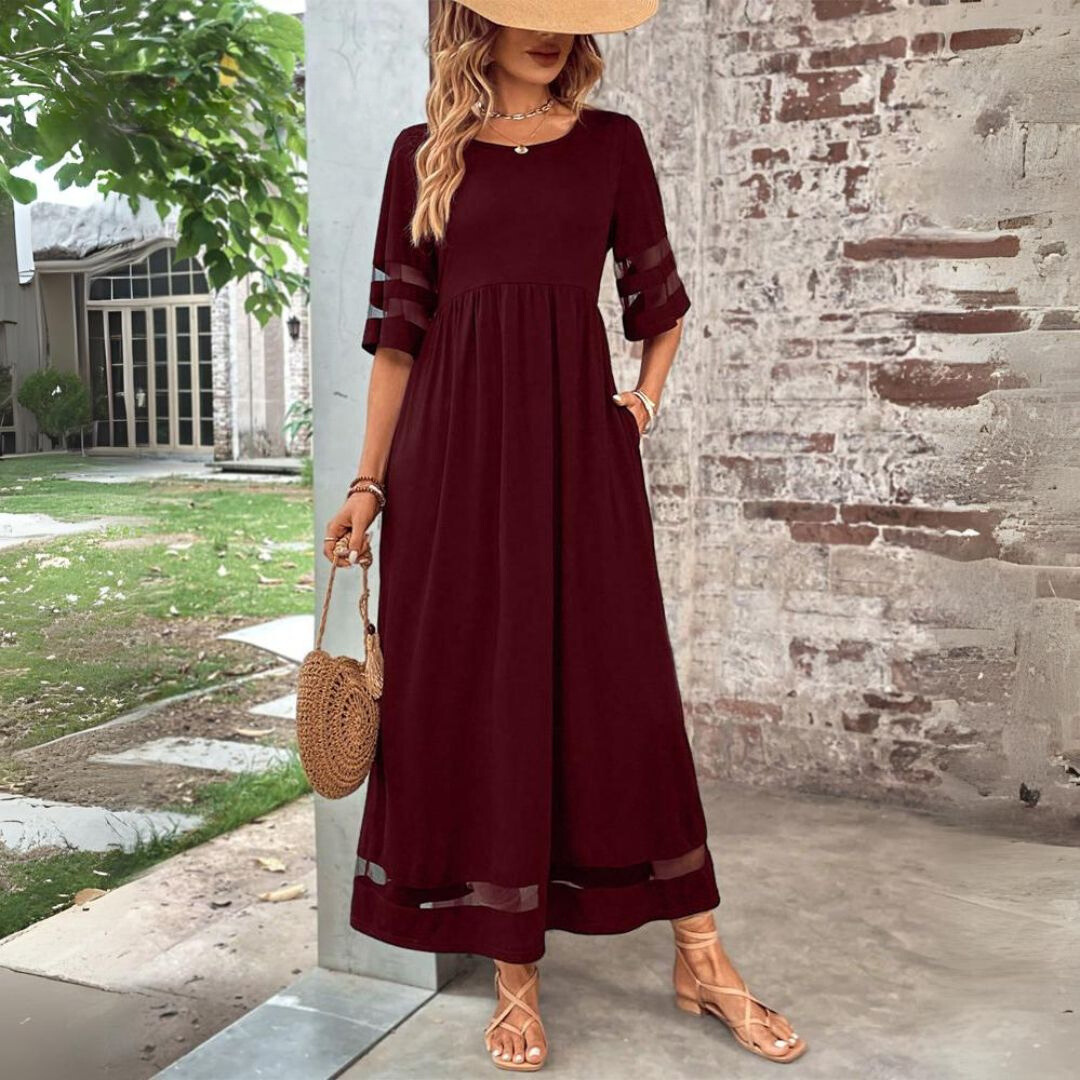 Women's Elegant Long Dress | Mesh Panel Detail & Flattering Relaxed Fit