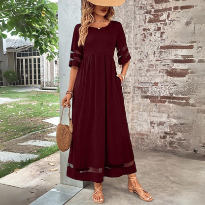 Women's Elegant Long Dress | Mesh Panel Detail & Flattering Relaxed Fit
