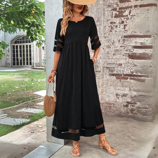 Women's Elegant Long Dress | Mesh Panel Detail & Flattering Relaxed Fit