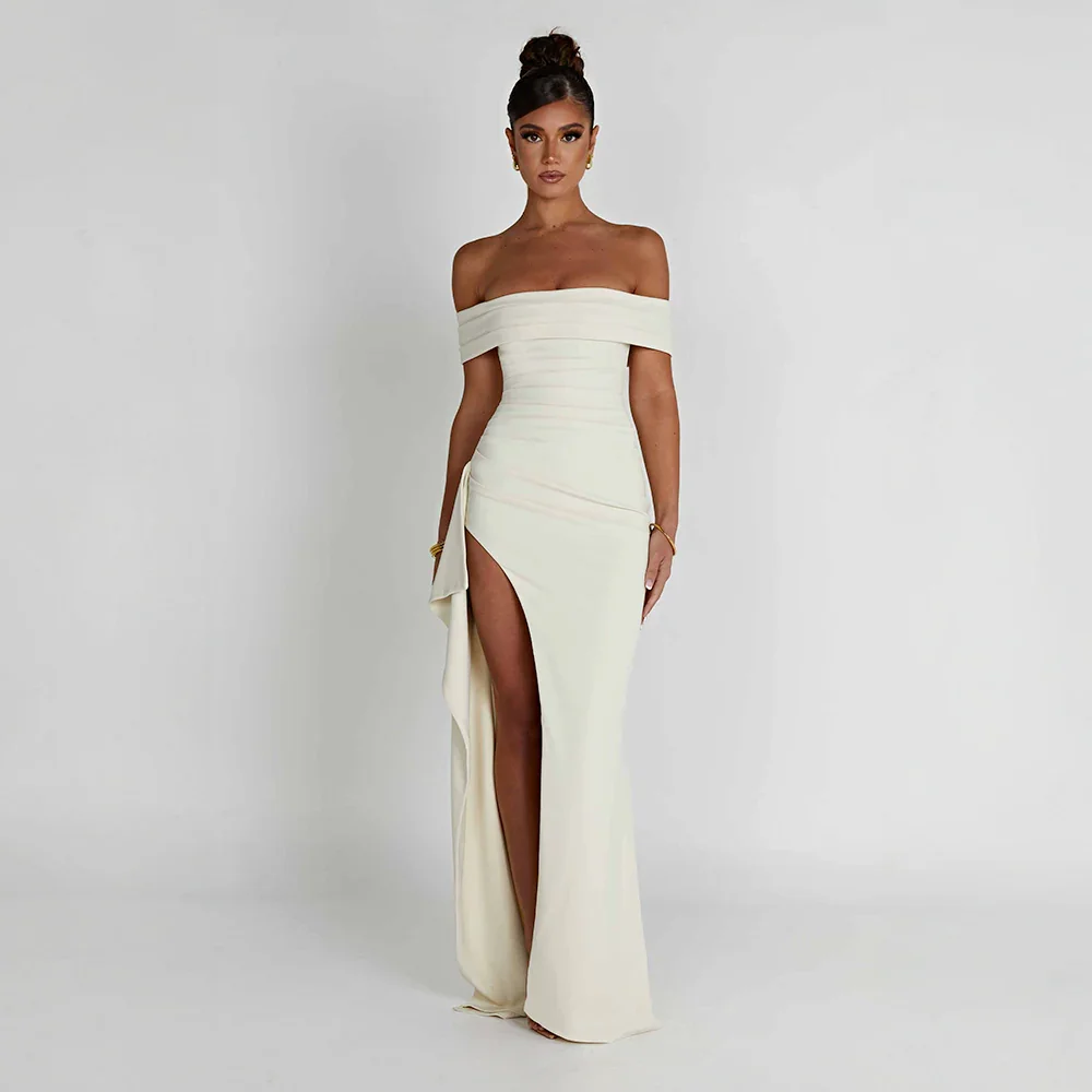 Women's Elegant Long Dress | Off-Shoulder Design & High Leg Slit