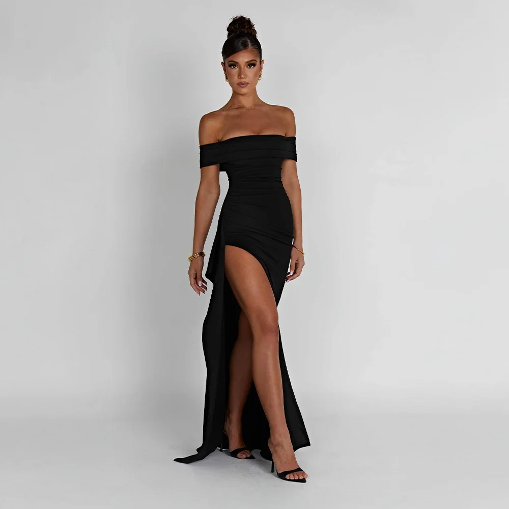 Women's Elegant Long Dress | Off-Shoulder Design & High Leg Slit