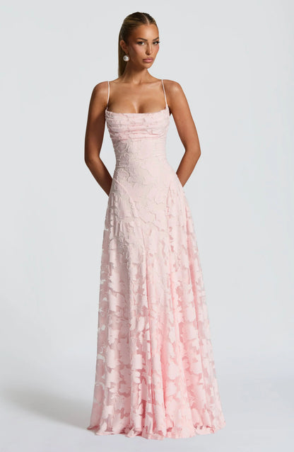 Women's Floral Maxi Dress | 3D Petal Appliqué & Flowing Formal Silhouette