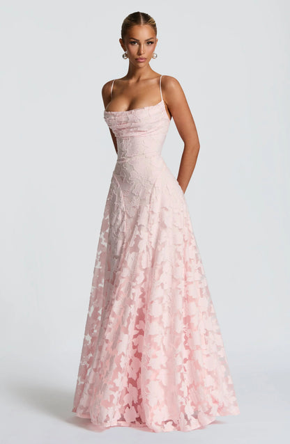Women's Floral Maxi Dress | 3D Petal Appliqué & Flowing Formal Silhouette