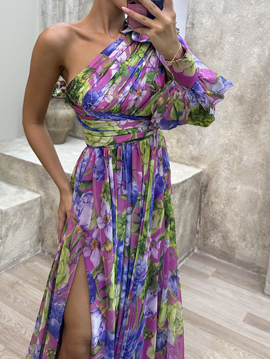 Women's Floral Maxi Dress | One-Shoulder Design & Side Slit